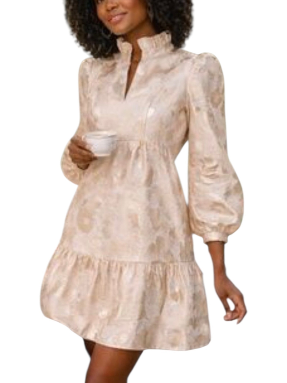 Tuckernuck XL Pink Gold Metallic Floral Jacquard Ruffle Mini Dress Holiday Party